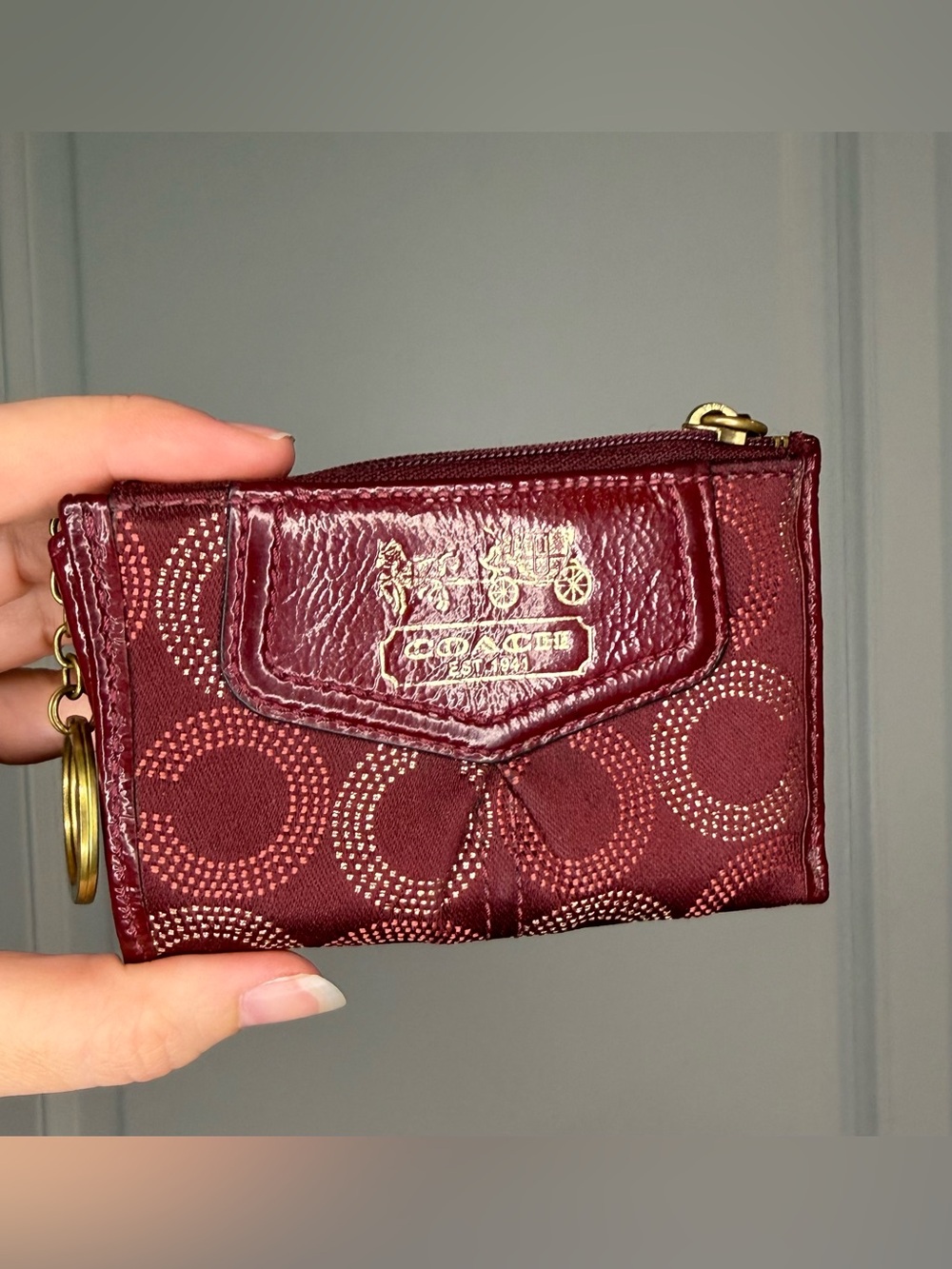COACH Maroon Jacquard Signature Zip Card Wallet
